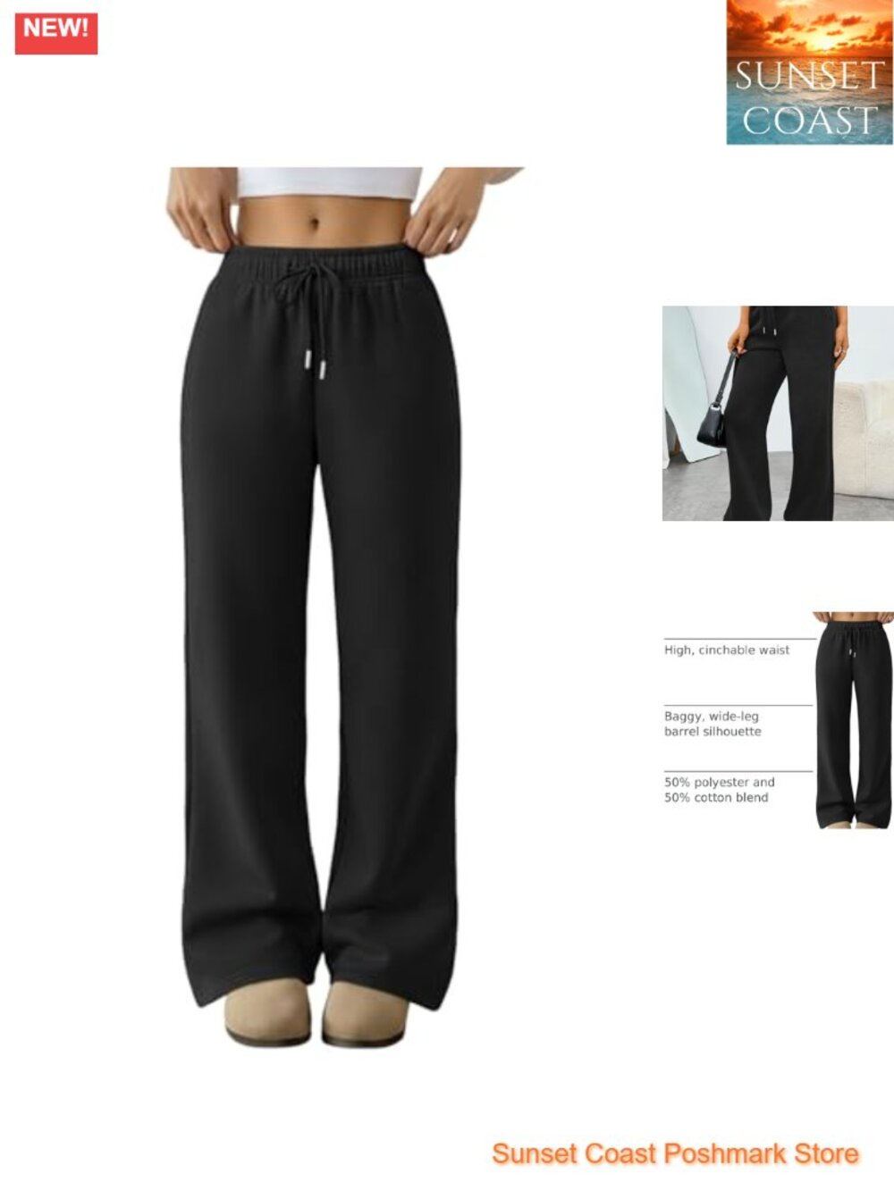 Wide Leg Sweatpants with Pockets Polyester Cotton Blend High Rise Pull On